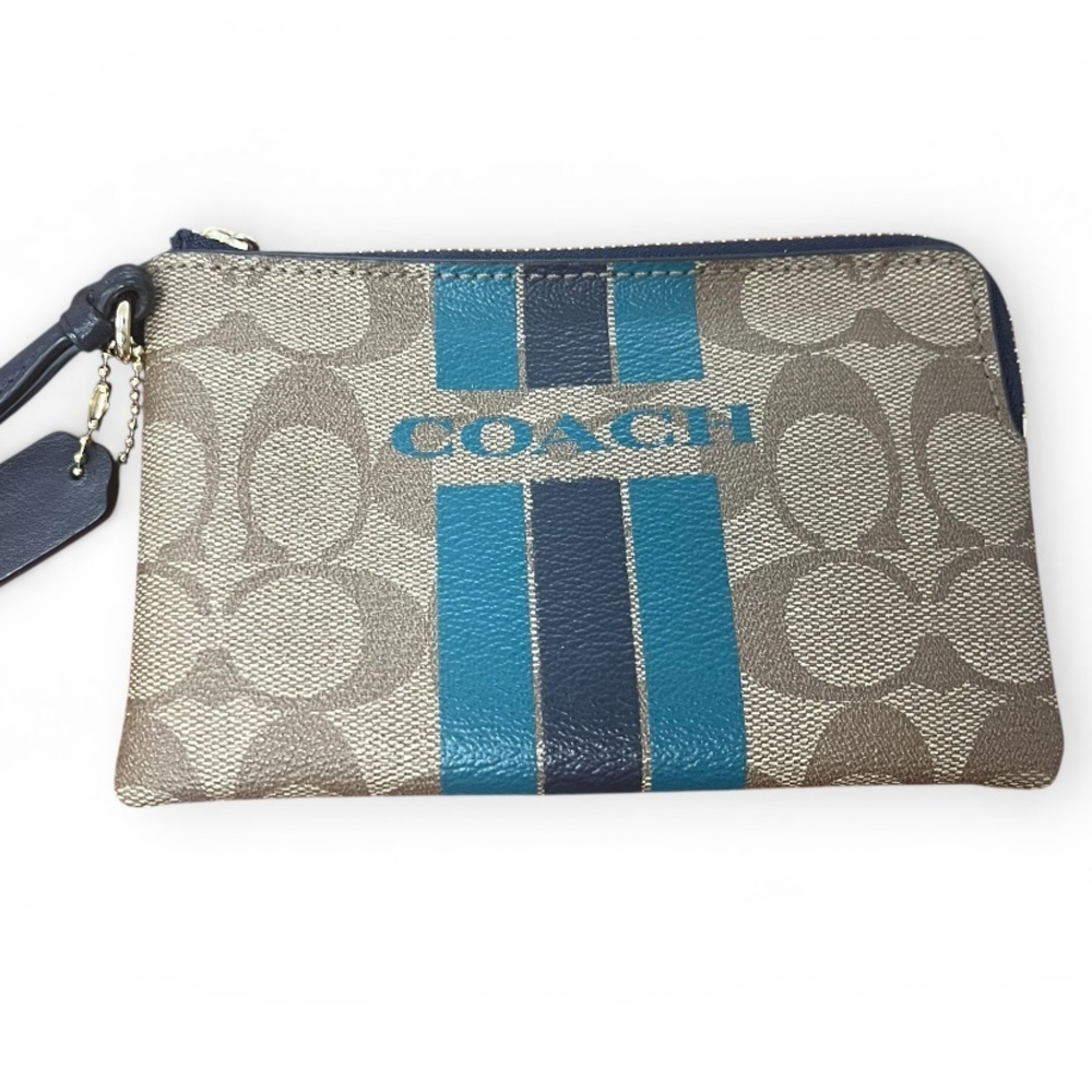Chic Coach Signature Canvas Card Holder Wristlet Wallet Designer Blue Teal